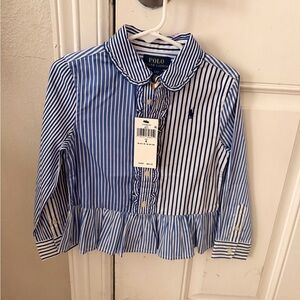 Polo by Ralph Lauren Girls' Blue and White Striped Ruffle Hem Button Shirt